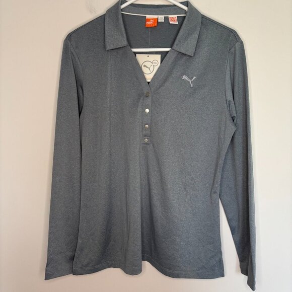 PUMA CELL NEW Collared Long Sleeve Polo Womens L Tradewinds Heather V-Neck Snaps - Picture 1 of 7
